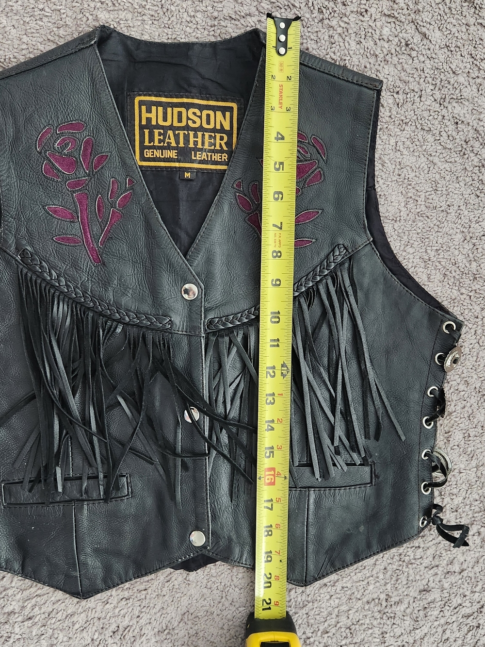 Hudson Leather Black Fringe Vest with Burgundy Floral Inlay - Picture 5 of 6